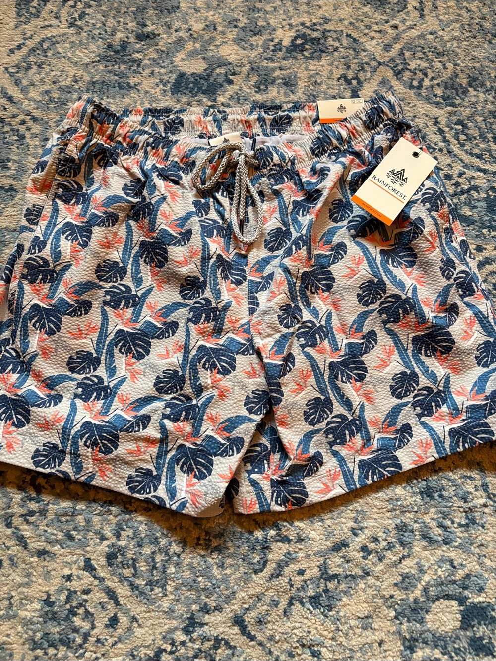 RAINFOREST Women's Tropical Print Drawstring Shorts in Navy & Coral on White